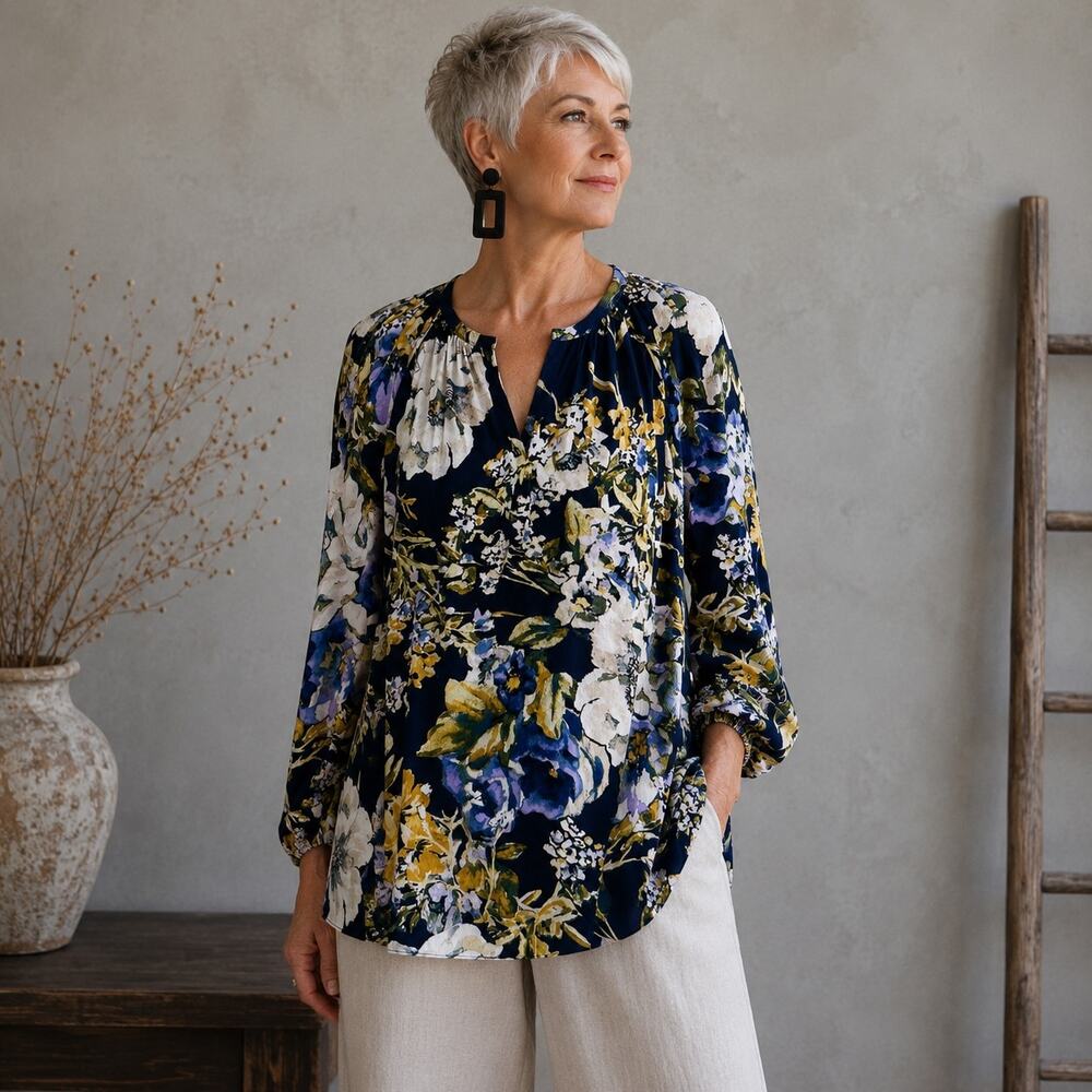 Chico's Navy Floral Long Sleeve Pop Over Top 2